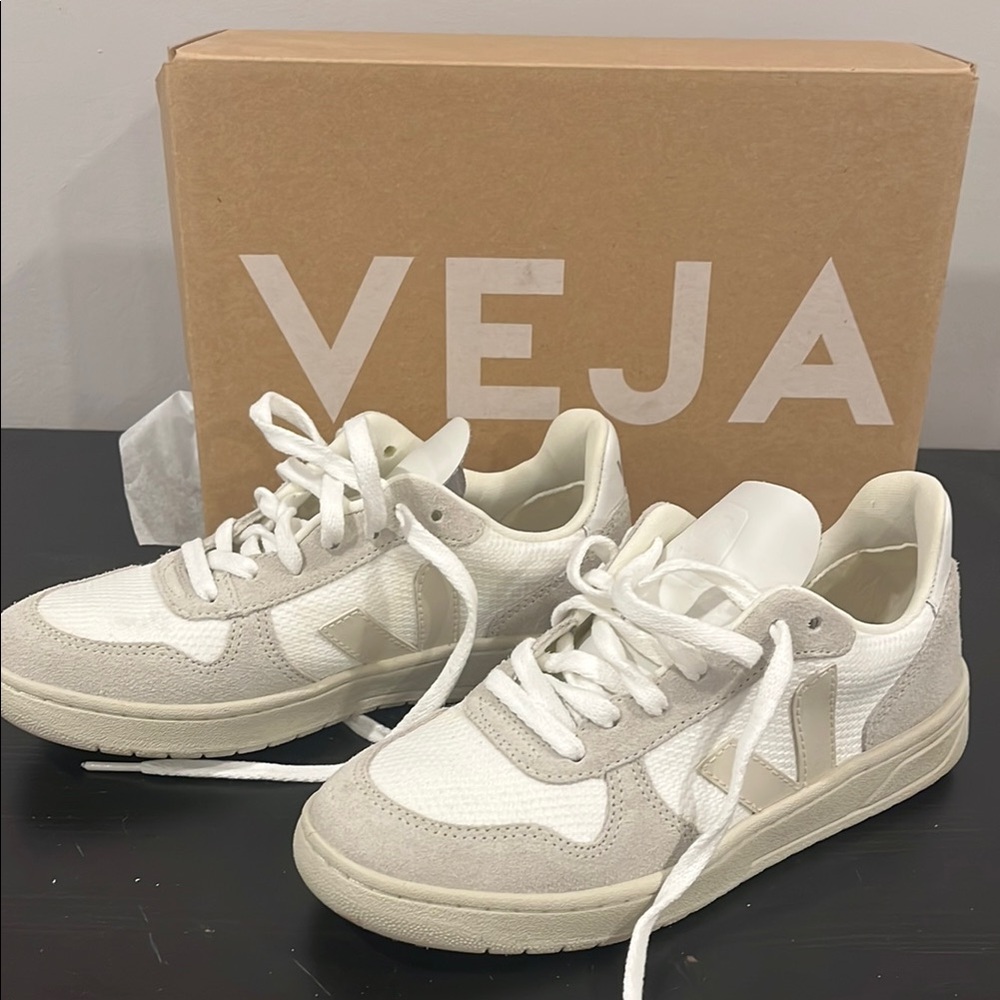 Veja V-10 White and Grey Minimalist Sneakers